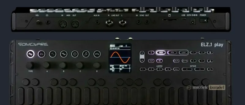 Aansluitingen en Connectiviteit – Verbind de Sonicware ELZ_1 Play met je Setup | Muziekbundel.nl Ontdek de aansluitingen van de Sonicware ELZ_1 Play, inclusief USB-C, MIDI, line-in/out en SYNC voor integratie met andere apparaten.