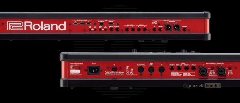Achterkant, Connectiviteit en Uitbreidmogelijkheden van de Roland Fantom-6 EX | Muziekbundel.nl Connectiviteit en uitbreidmogelijkheden van de Roland Fantom-6 EX voor studio en live-setup met USB, MIDI, en CV/Gate aansluitingen
