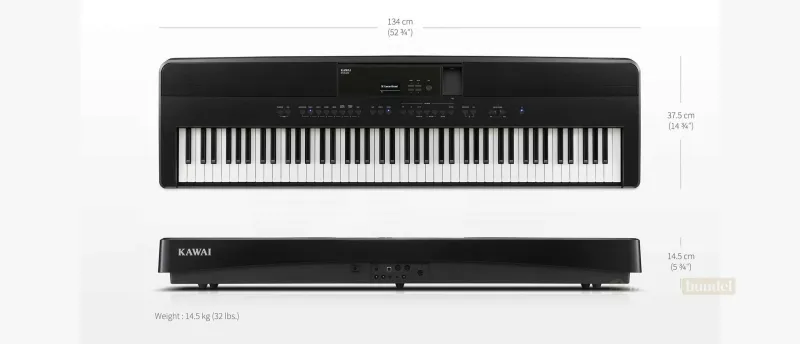 Afmetingen van de Kawai ES920 digitale piano | Muziekbundel.nl Afmetingen van de Kawai ES920 digitale piano, 134 cm breed, 37,5 cm diep en 14,5 cm hoog, met een gewicht van 14,5 kg