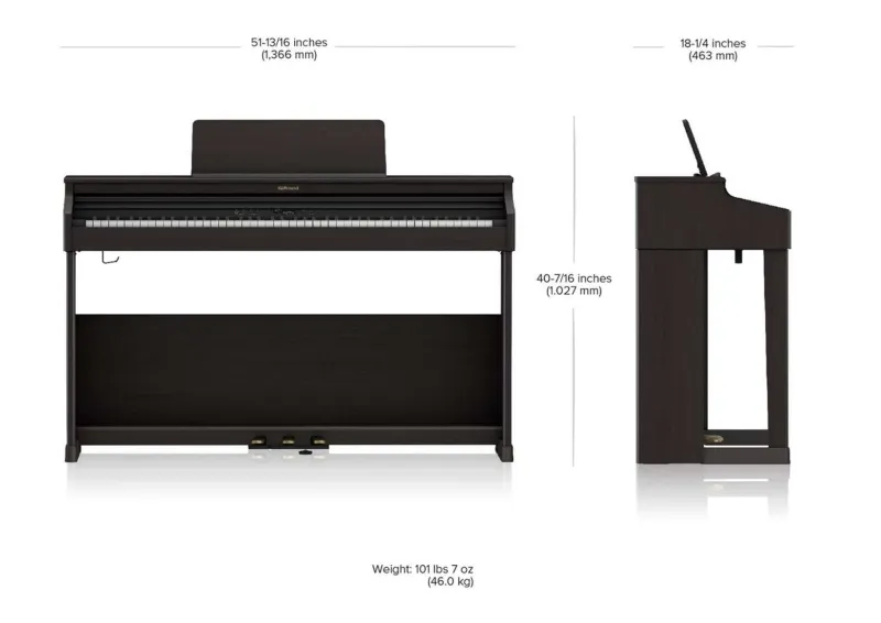 Afmetingen van de Roland RP701: Compact en Stijlvol Ontwerp | Muziekbundel.nl De afmetingen van de Roland RP701, een stijlvolle digitale piano die perfect past in elke huiskamer.