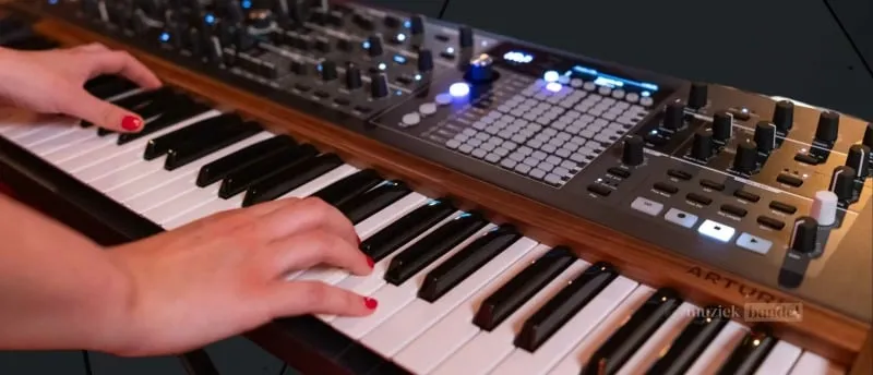Arturia PolyBrute expressiviteit op zijn best - Muziekbundel.nl Arturia PolyBrute synthesizer met focus op de Morphée-controller en toetsen beschikbaar via Muziekbundel.nl.