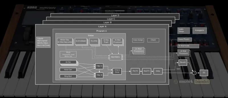 Belangrijkste Kenmerken van de Korg Multi/Poly Synthesizer bij Muziekbundel.nl Korg Multi/Poly Synthesizer belangrijkste kenmerken en functies, waaronder virtuele voice-cards, Kaoss Physics, en Motion Sequencing.