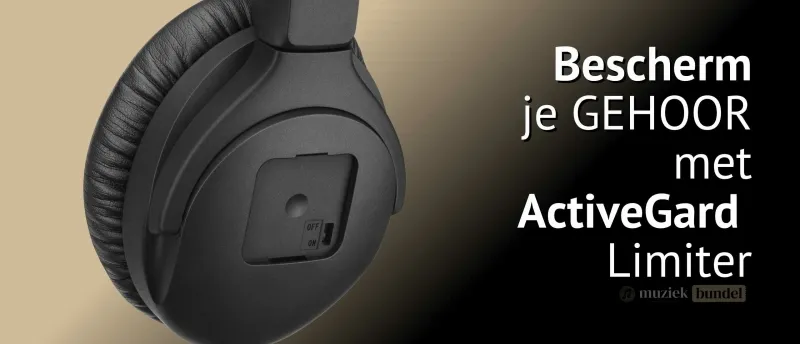 Bescherming met ActiveGard Limiter: Veiligheid en Kwaliteit in één | Muziekbundel.nl Close-up van de Sennheiser HD 300 PROtect hoofdtelefoon met ActiveGard Limiter, ontworpen om gehoor te beschermen tegen plotselinge geluidsniveaus.