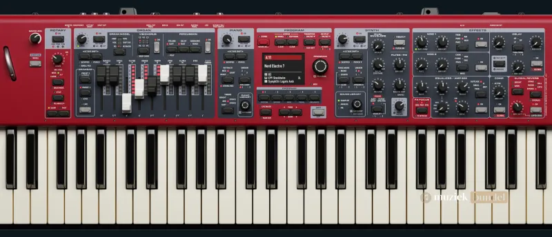 Gebruiksvriendelijkheid en bediening | Muziekbundel.nl Bediening van de Nord Electro 7 met kleurendisplay, fysieke drawbars en snelle live workflow voor toetsenisten