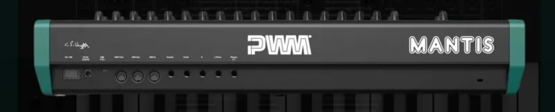 Moderne Connectiviteit van de PWM Mantis Synthesizer | Muziekbundel.nl Detailweergave van de moderne connectiviteitsopties van de PWM Mantis synthesizer, waaronder USB-MIDI en line-out.