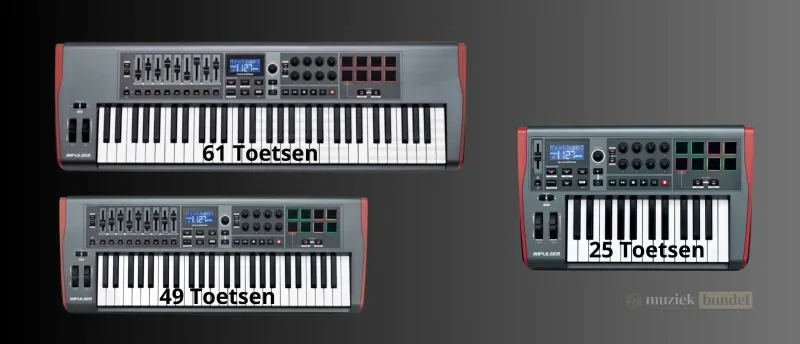 Novation Impulse MIDI Keyboards – Beschikbaar in 25, 49 en 61 toetsen | Muziekbundel.nl Novation Impulse MIDI keyboards in varianten met 25, 49 en 61 semi-gewogen toetsen, met aftertouch en uitgebreide controlefuncties.