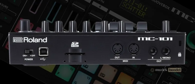 Specificaties van de Roland MC-101 | Muziekbundel.nl Gedetailleerd overzicht van de specificaties van de Roland MC-101 inclusief tracks, polyfonie, effecten en afmetingen.