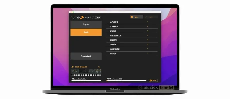 Studiologic Numa Manager – Beheer Geluiden en Updates Eenvoudig Interface van de Studiologic Numa Manager software voor het beheren van geluiden, programma's en firmware-updates