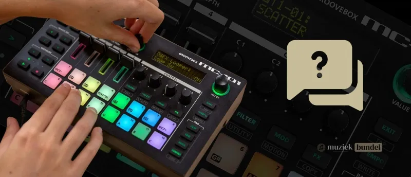 Veelgestelde vragen over de Roland MC-101 | Muziekbundel.nl Veelgestelde vragen over de Roland MC-101 Compacte Groovebox met antwoorden over batterijduur, sample-import, MIDI-ondersteuning en live gebruik.