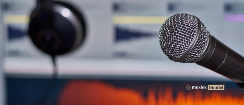 Vier niveaus van muziekproductie | Miuziekbundel.nl Studio met microfoon, beeldscherm en koptelefoon