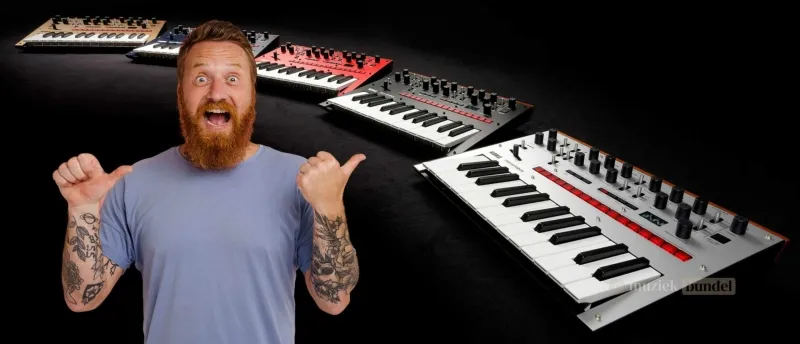 Wat vinden gebruikers van de Korg Monologue? - Muziekbundel.nl Rij van Korg Monologue synthesizer met toetsen en verschillende kleuren.