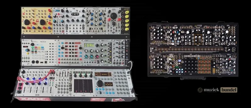 Wat zijn modulaire synthesizers? Flexibiliteit en toepassingen - Muziekbundel.nl Modulair synthesizersysteem met patchkabels, oscillatoren en knoppen voor eindeloze geluidscreatie.