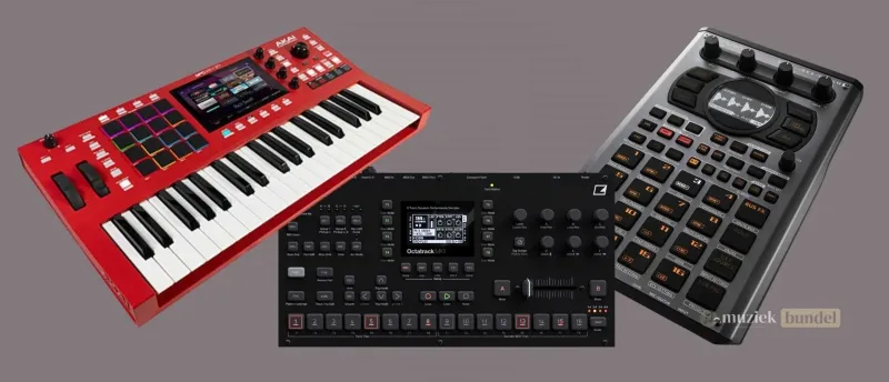 Wat zijn samplers? Werking, voorbeelden en toepassingen - Muziekbundel.nl Moderne sampler met pads, knoppen en scherm, ideaal voor het afspelen en manipuleren van audiofragmenten.