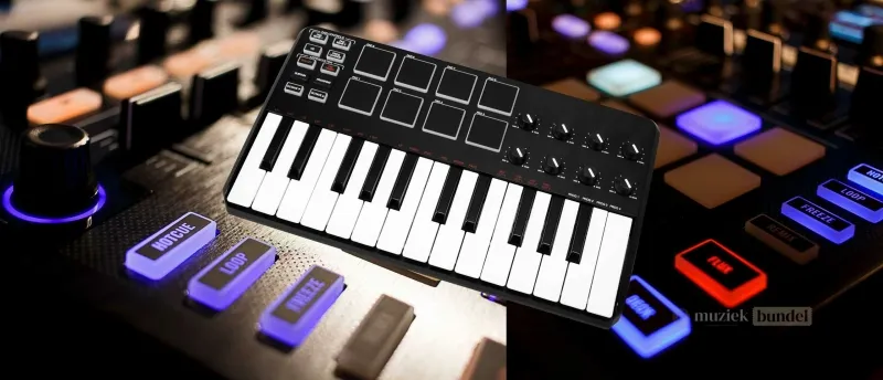 Welke modellen zijn het meest geschikt voor podiumgebruik? | Muziekbundel.nl Live podiumsetup met een MIDI-controller en andere muziekapparatuur, ideaal voor performances.